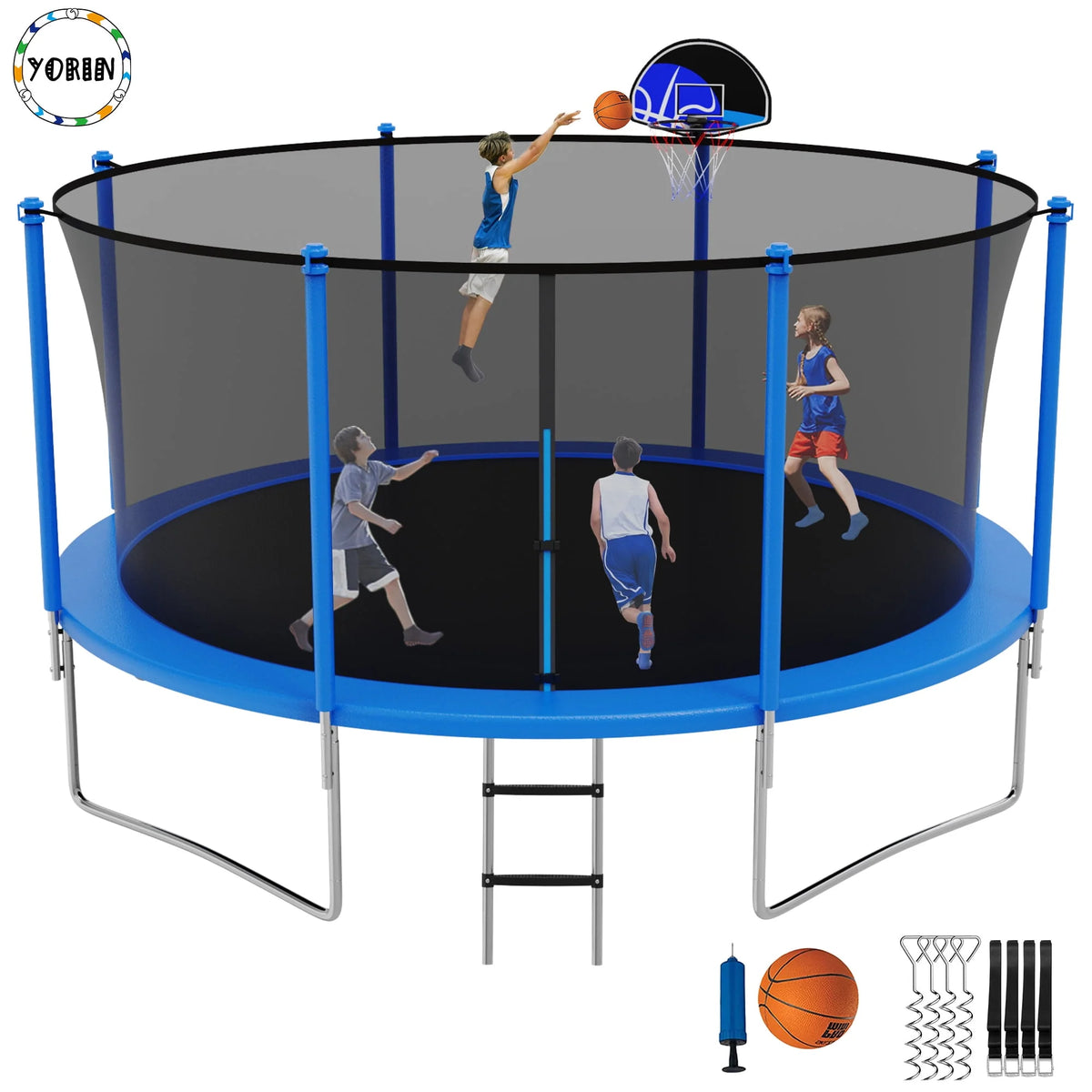 14FT Trampoline with Enclosure and Basketball Hoop P2366