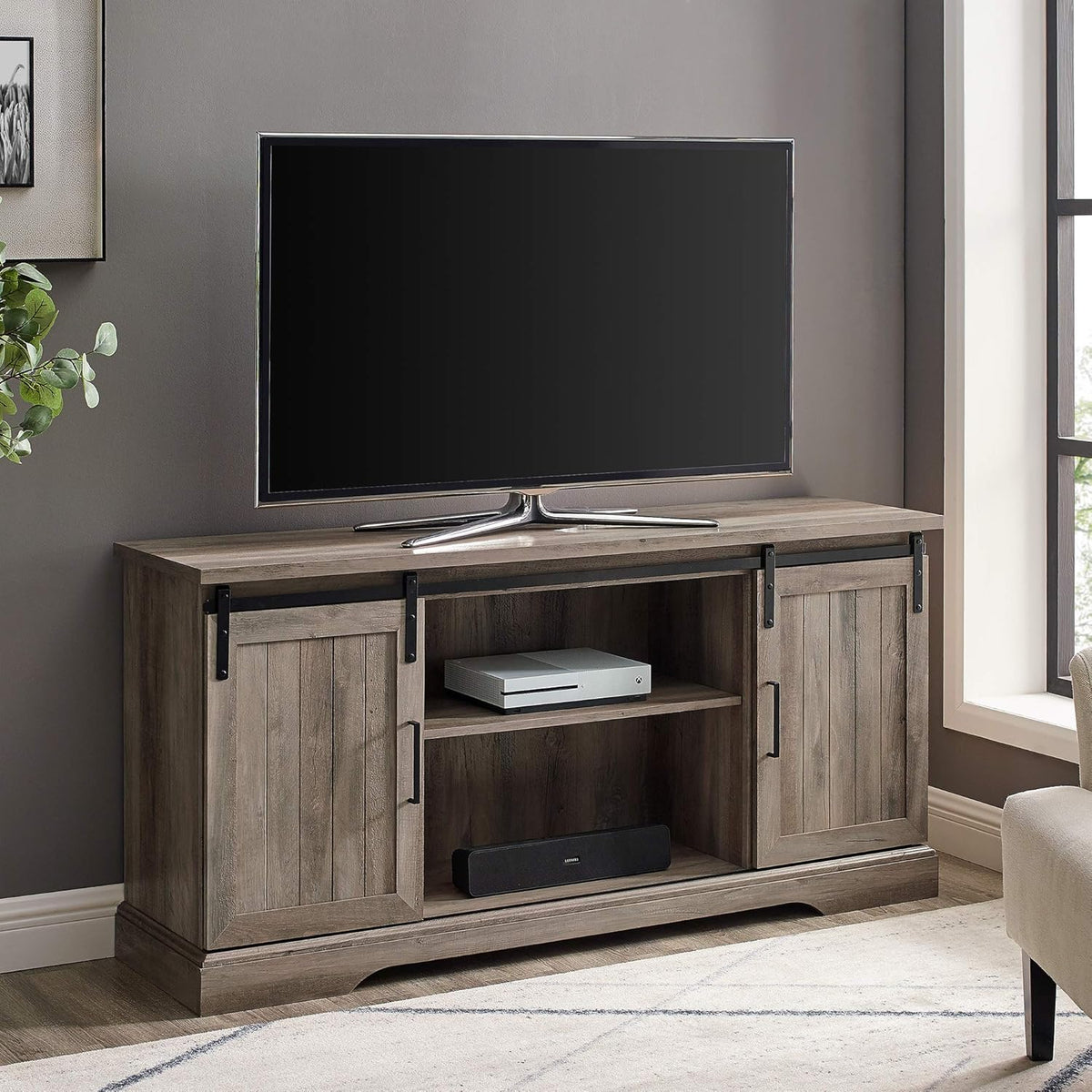 70 Inch Stone Grey Metal and Wood Fireplace TV Stand J1543