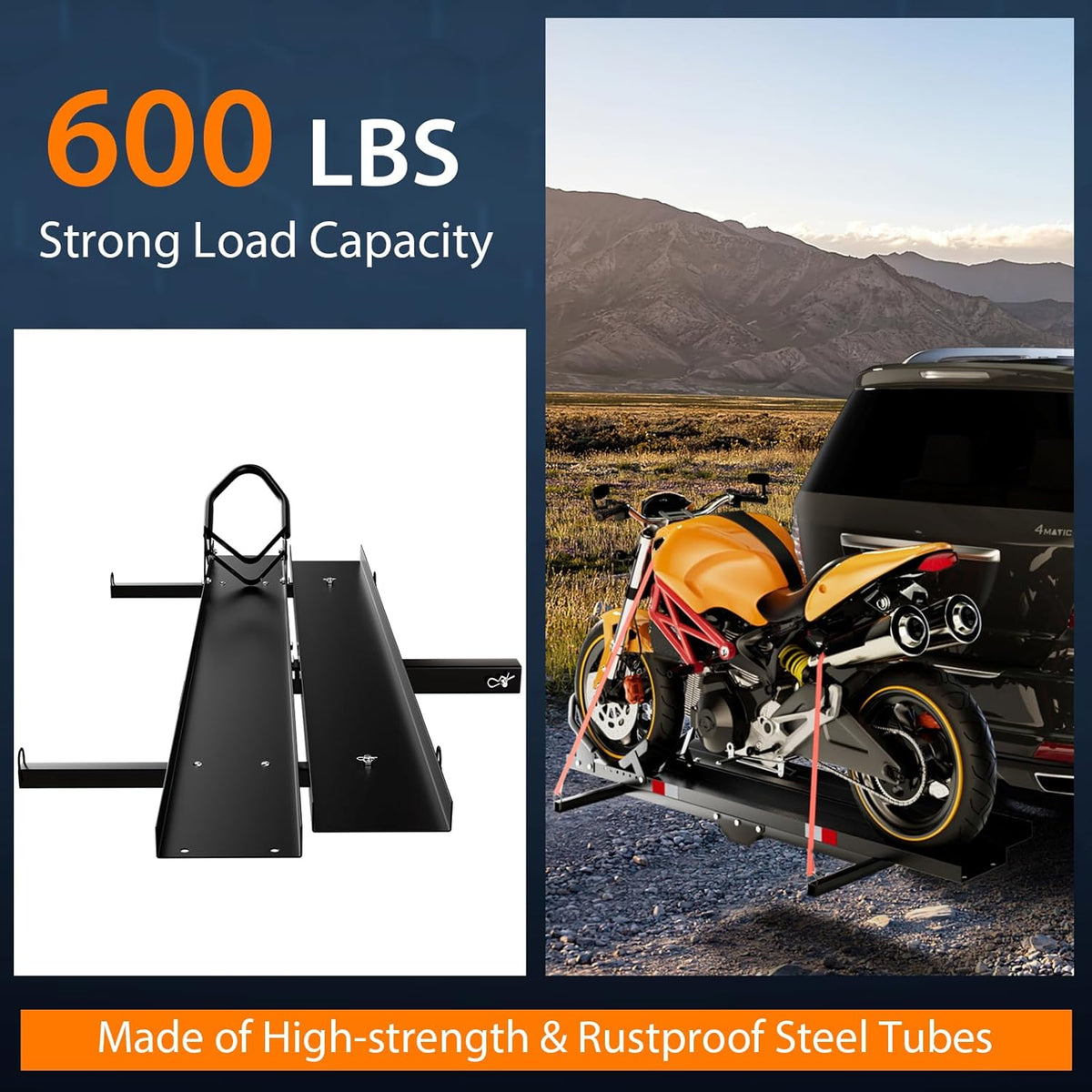 Heavy Duty Steel Motorcycle Carrier with Loading Ramp, Wheel Chock & 2 Straps N54503