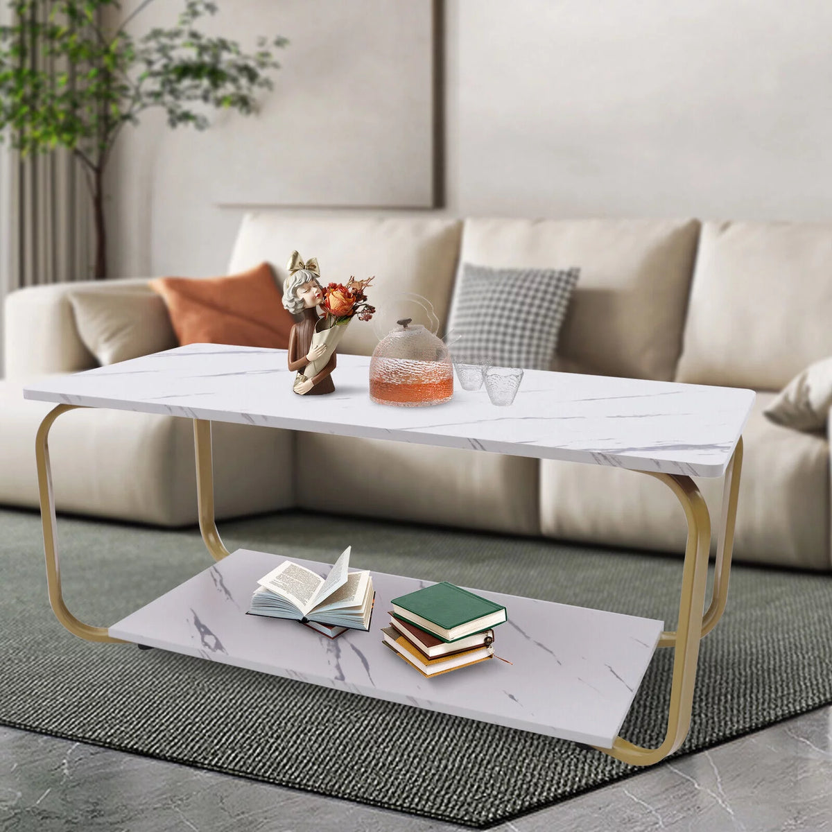 2-Tier Marble Coffee Table with Storage X86755