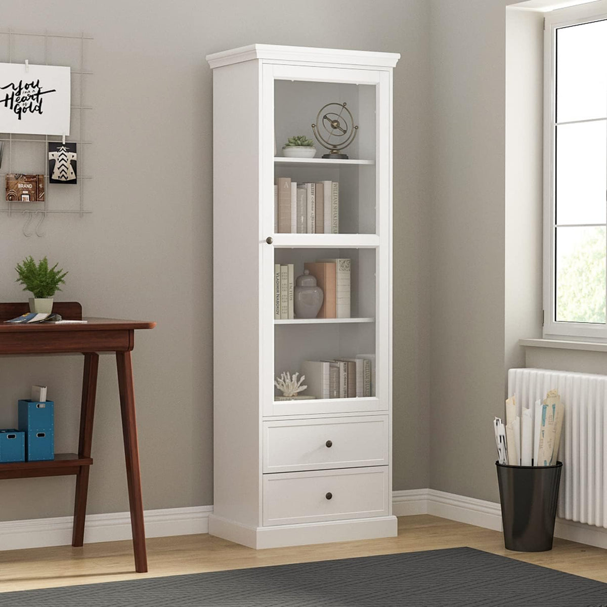 3-Tier Tall Wooden Bookcase Storage Cabinet with Glass Door & 2 Drawers U539532