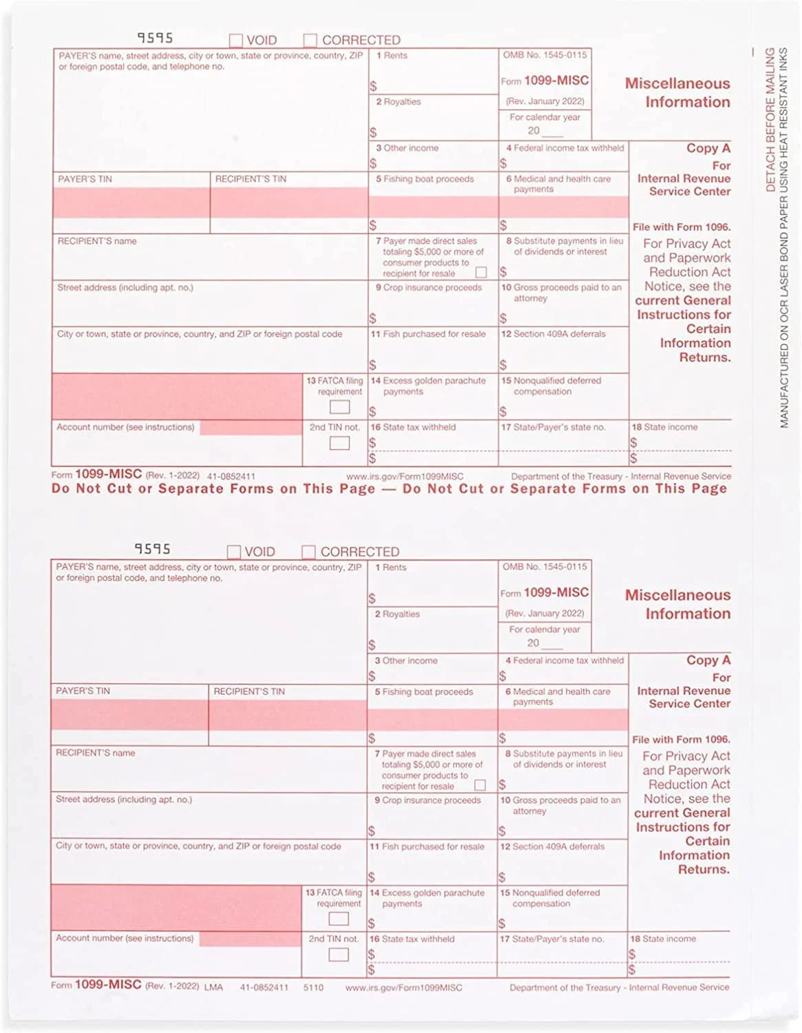 1099 Misc Forms 2022, 4 Part Laser Tax Forms, 25-Pack Q709758