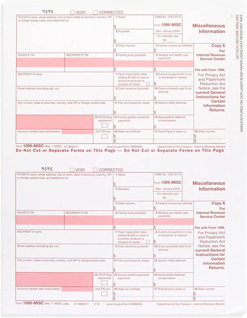 1099 Misc Forms 2022, 4 Part Laser Tax Forms, 25-Pack Q709758