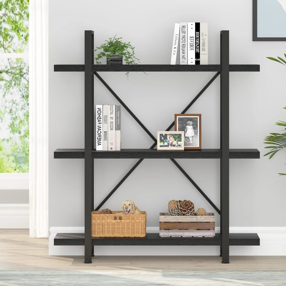 Black 3 Tier Metal Wooden Bookshelf M195262