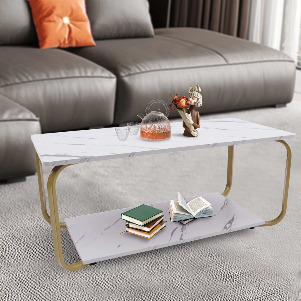 2-Tier Marble Coffee Table with Storage X86755