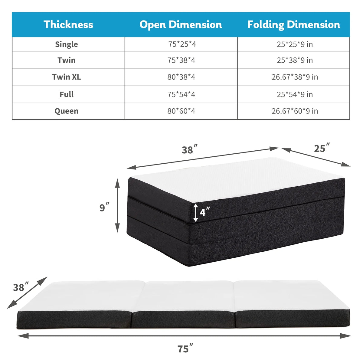 4-inch Tri Folding Memory Mattress with Removable Cover H1069
