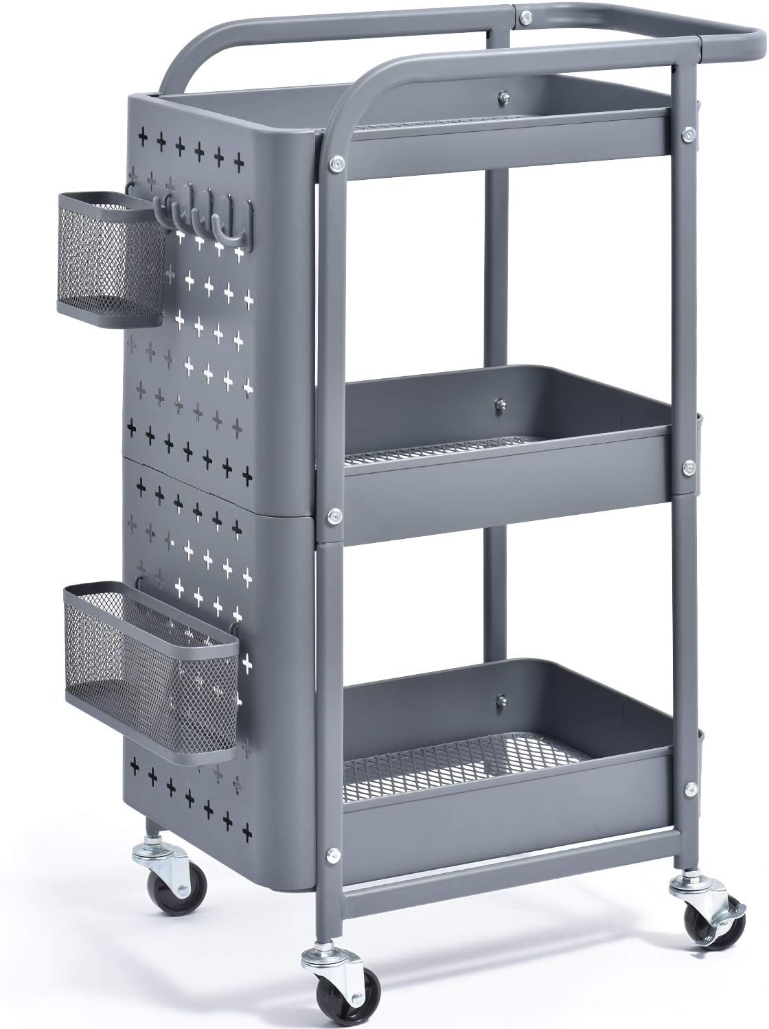 3-Tier Metal Rolling Storage Cart with Pegboard Y986