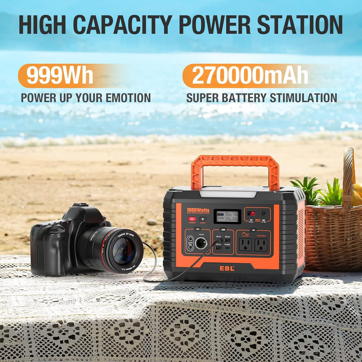 Portable Power Station 1000, 110V/1000W Solar Generator, 999Wh/270000mAh Lithium Battery L37262