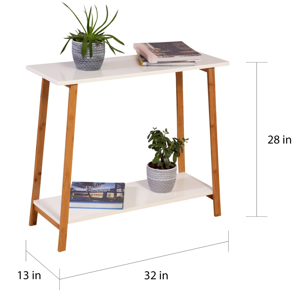 White 2-Tier Solid Bamboo Console Table D6354