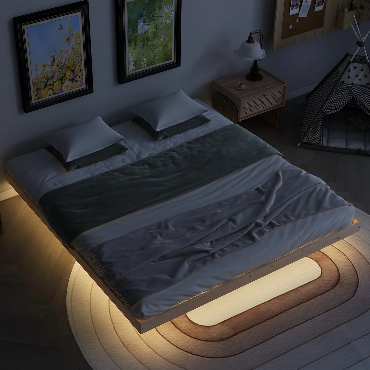 White Full Size Floating Bed Frame with LED Lights H643638