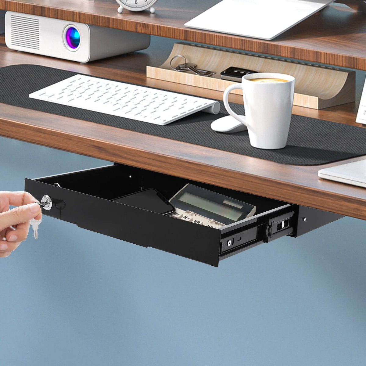 Black Rectangular Under Desk Mounted Iron Drawer Storage with Keys E635121