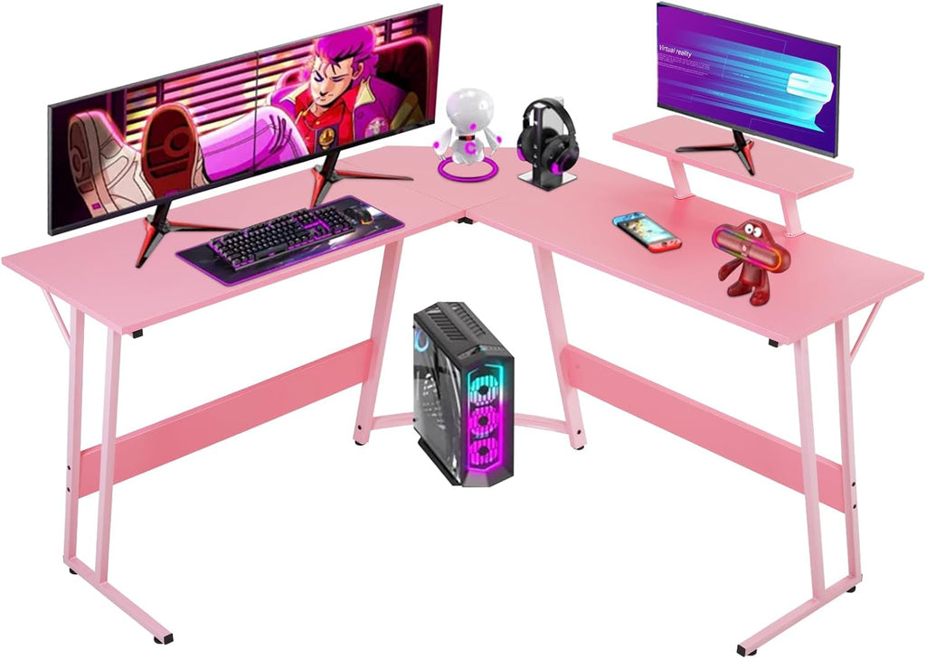 Pink 50.4 Inch L Shaped Corner Computer Desk with Monitor Stand J128