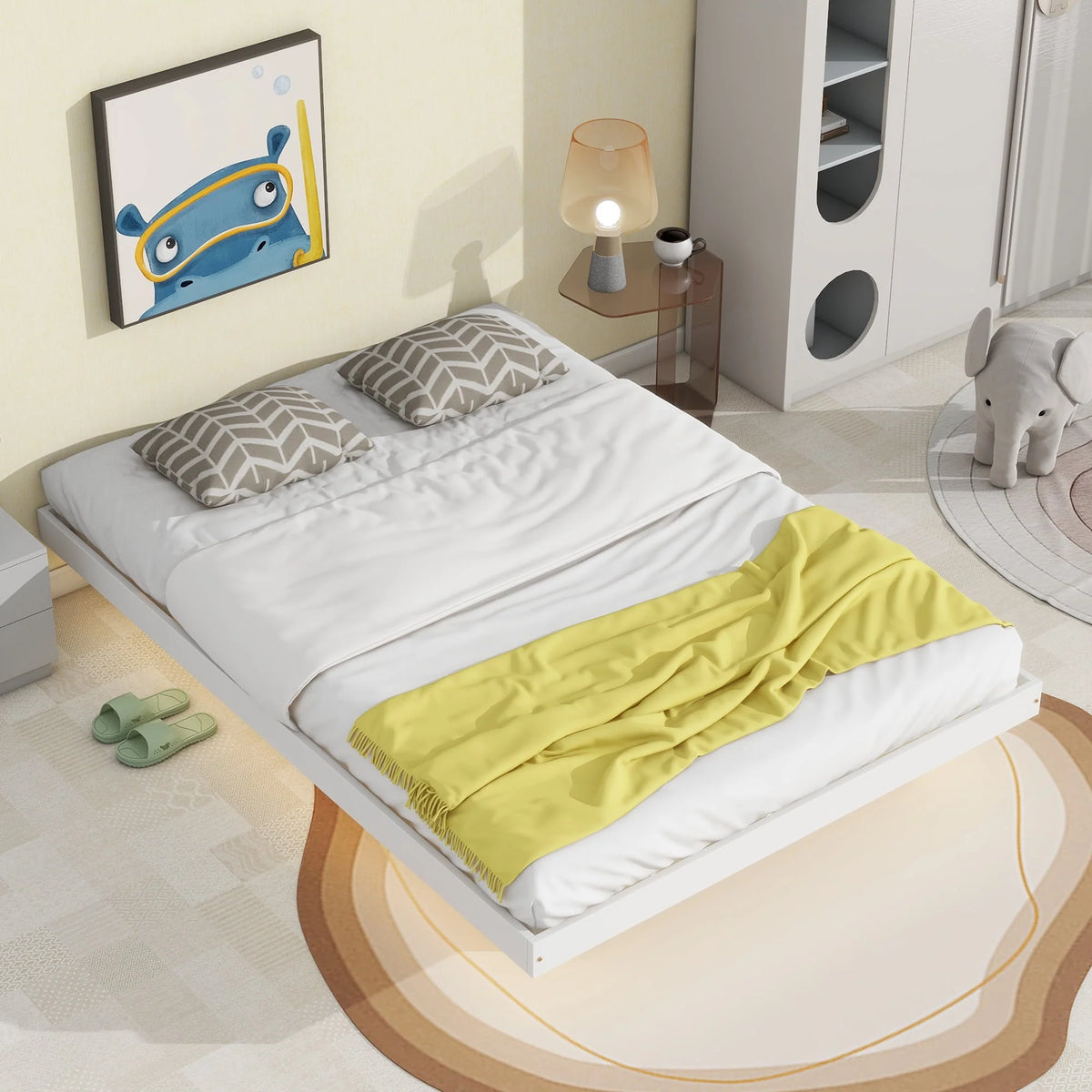 White Full Size Floating Bed Frame with LED Lights H643638