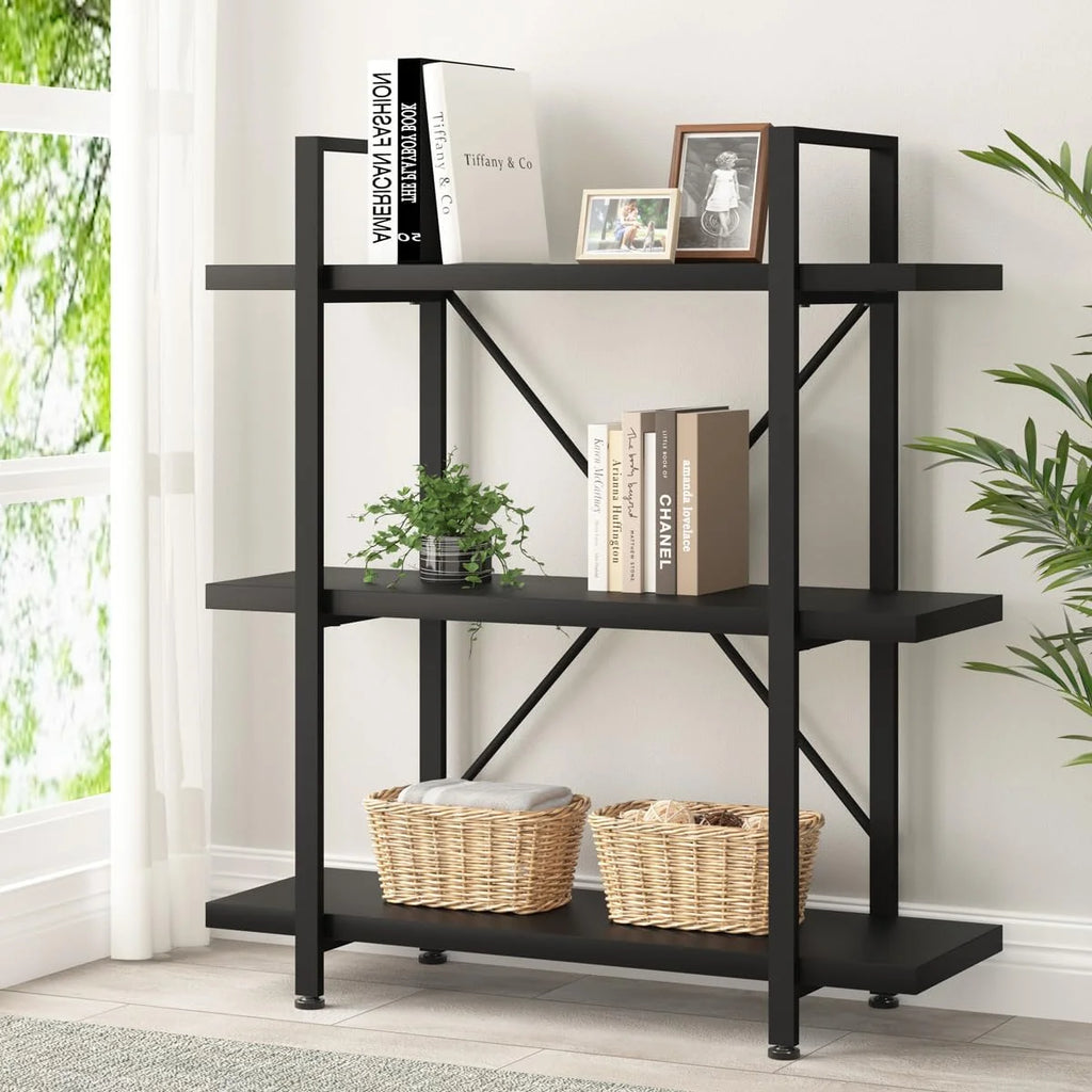 Black 3 Tier Metal Wooden Bookshelf M195262