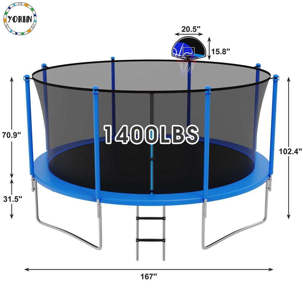 14FT Trampoline with Enclosure and Basketball Hoop P2366