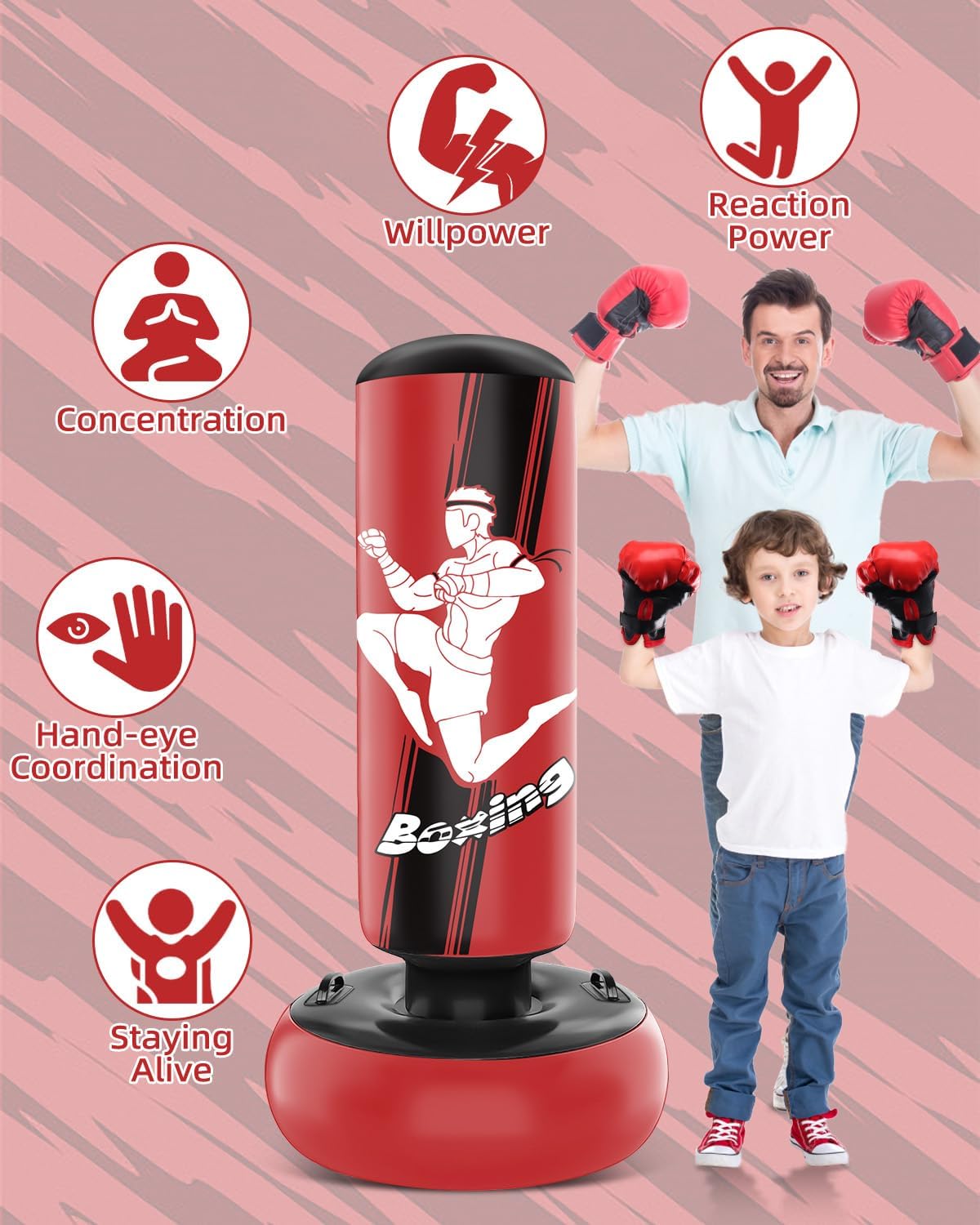 66 Inch Inflatable Punching Bag with Boxing Gloves (Red) M5892