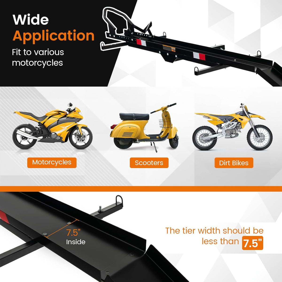 Heavy Duty Steel Motorcycle Carrier with Loading Ramp, Wheel Chock & 2 Straps N54503