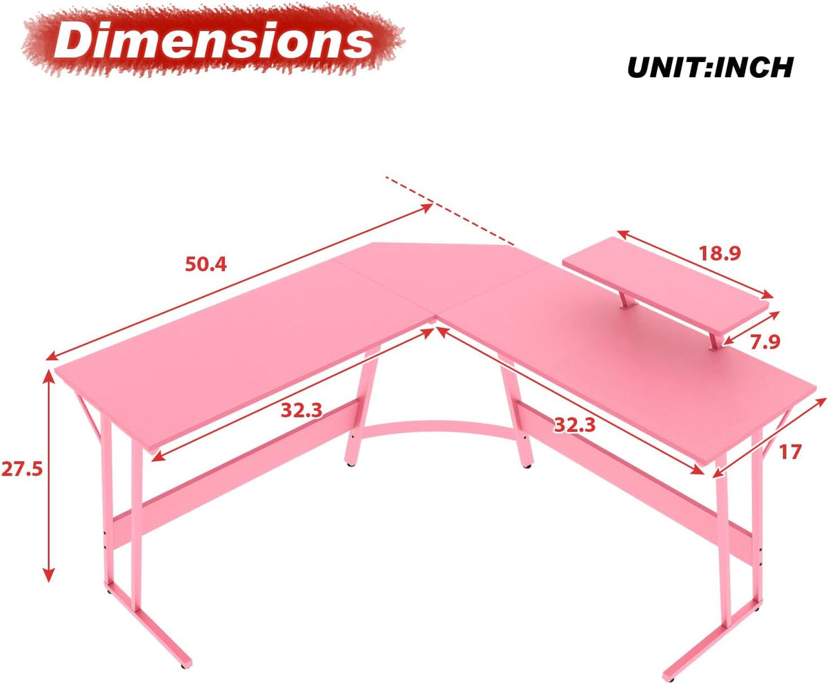 Pink 50.4 Inch L Shaped Corner Computer Desk with Monitor Stand J128