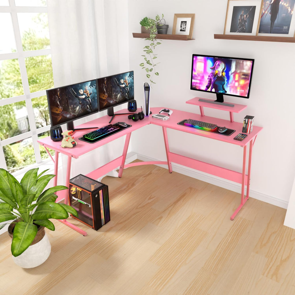 Pink 50.4 Inch L Shaped Corner Computer Desk with Monitor Stand J128