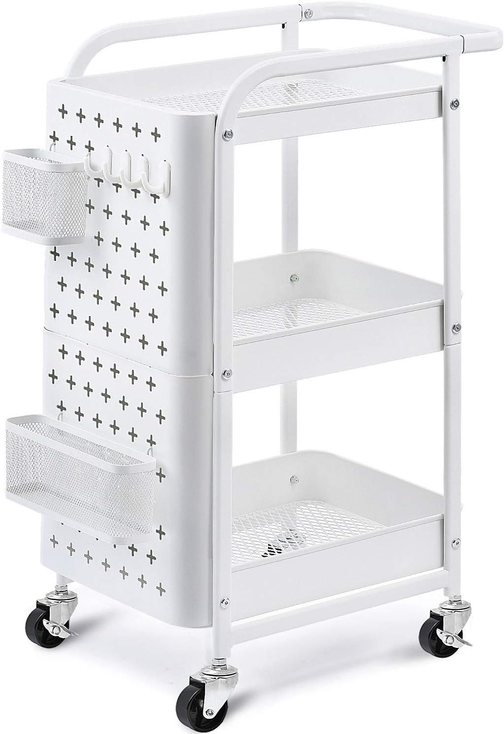 3-Tier Metal Rolling Storage Cart with Pegboard Y986
