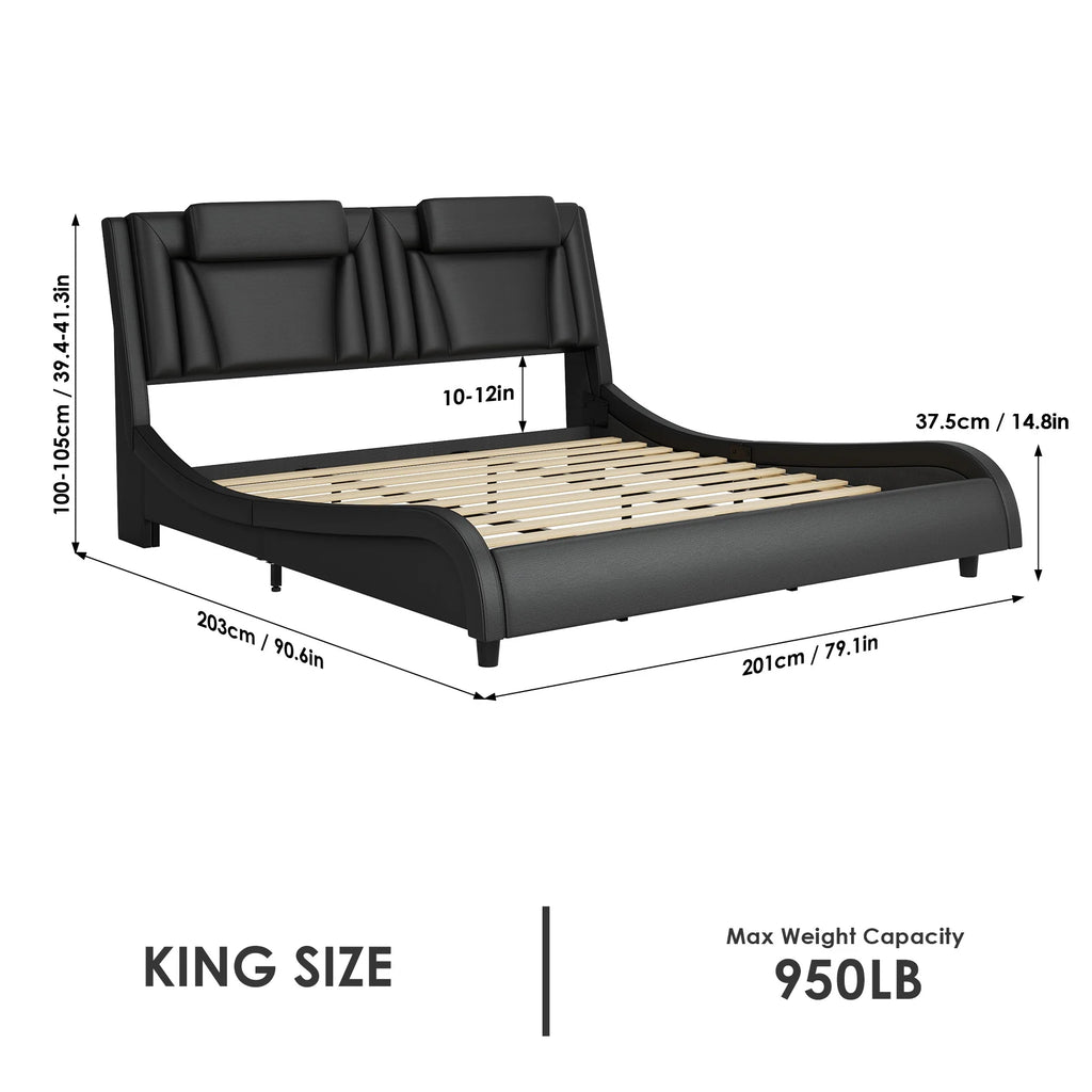 Queen LED PU Leather Upholstered Platform Bed with Adjustable Headboard J557875