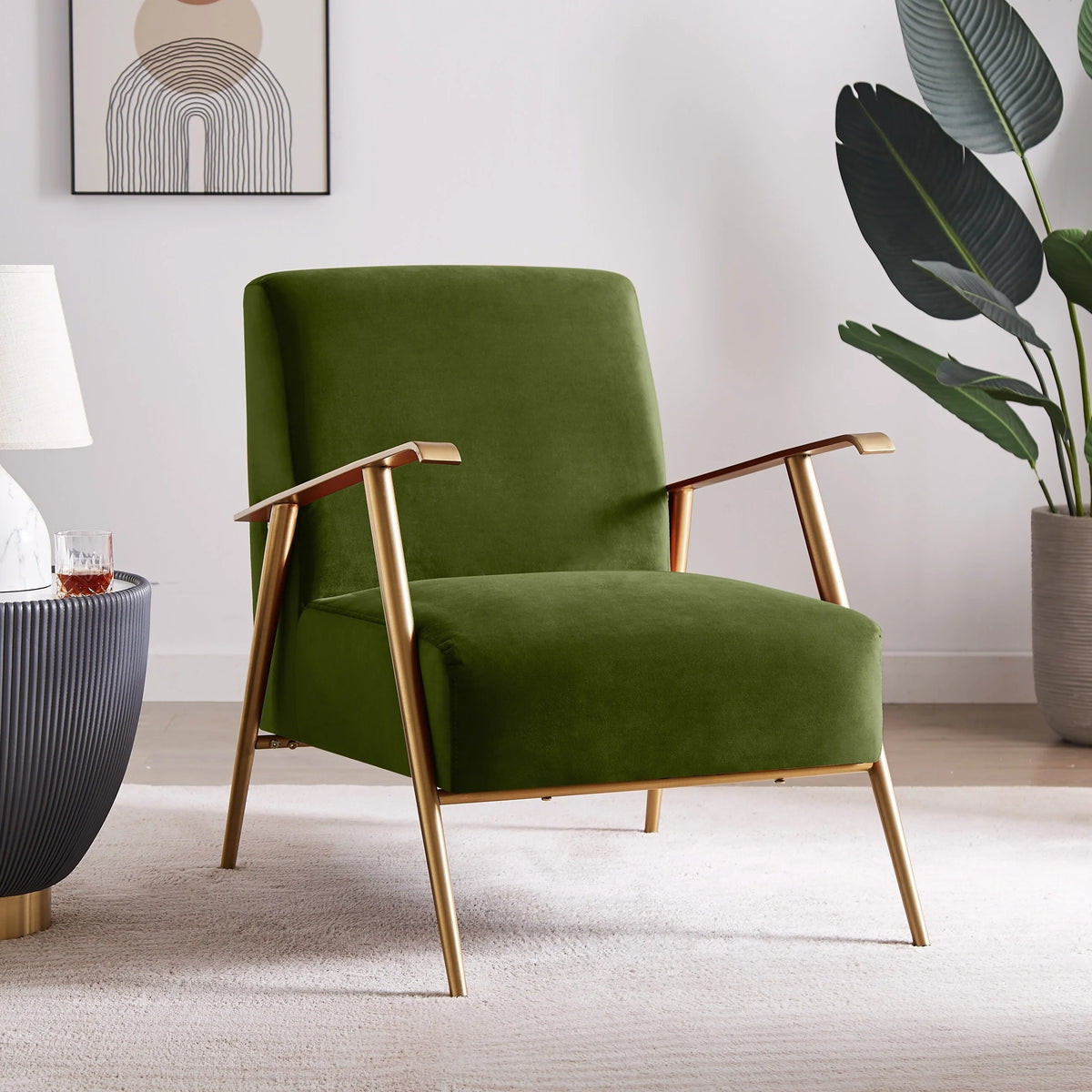 Olive Velvet Armchair with Gold Frame C3839