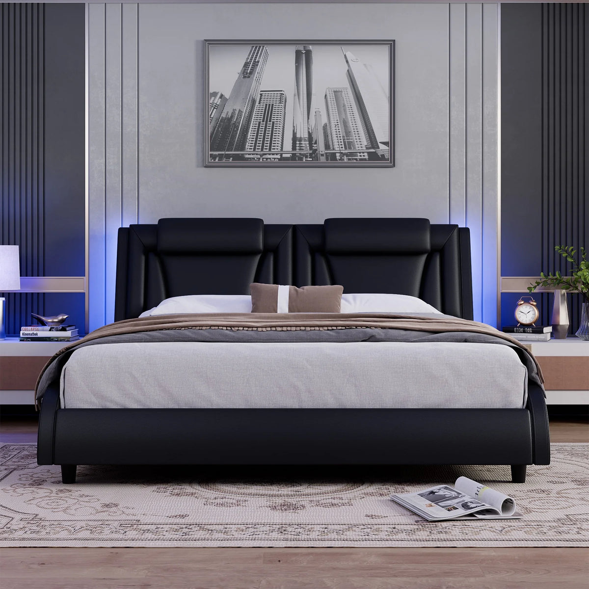 Queen LED PU Leather Upholstered Platform Bed with Adjustable Headboard J557875