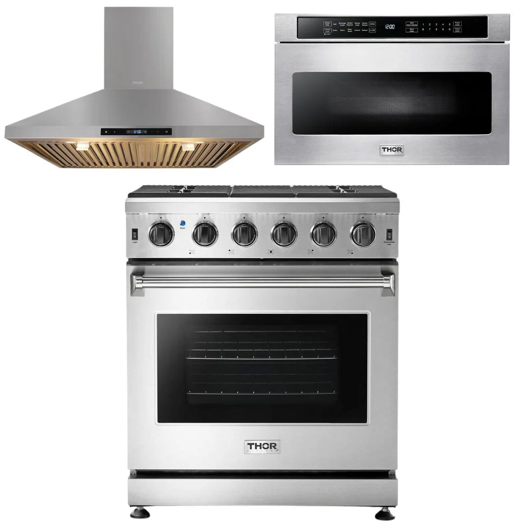 30 Gas Range, Range Hood, Microwave J7408
