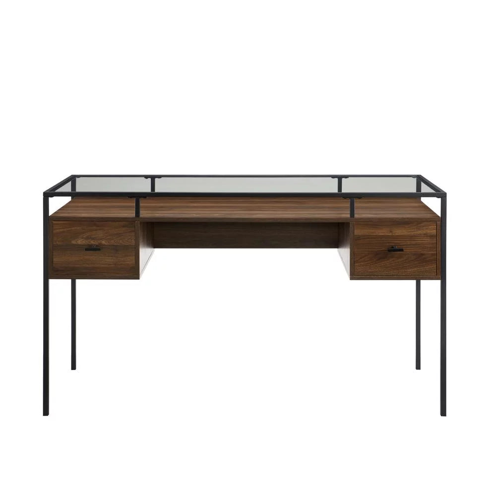 56" 2-Drawer Tempered Glass Top Desk in Dark Walnut M6398