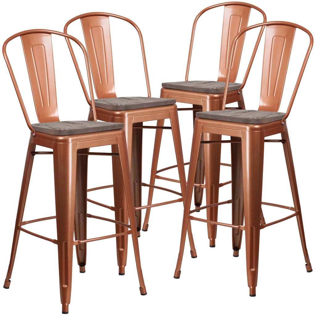 4 Pk. Metal Barstool with Back and Wood Seat - Copper U323572
