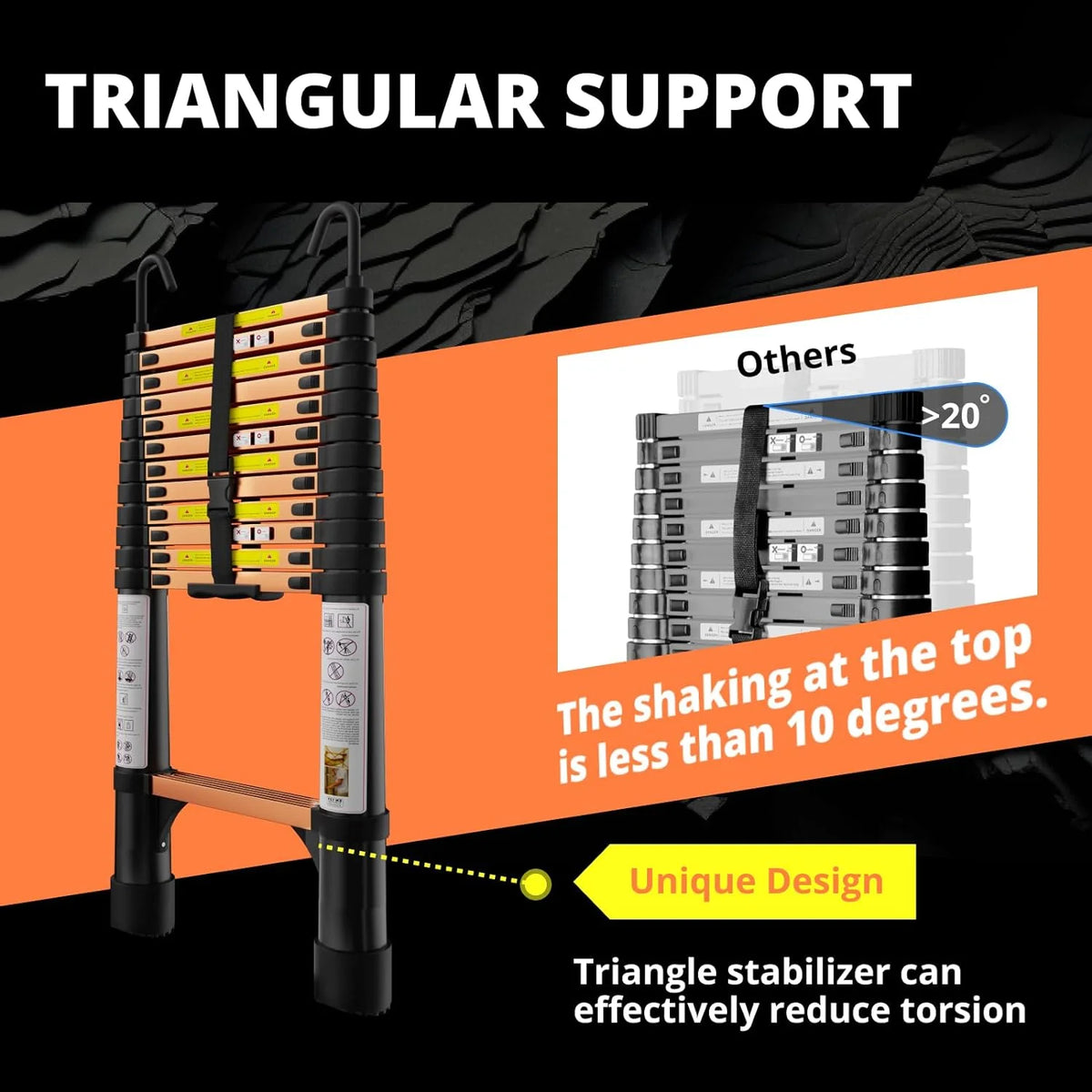 12.5FT Aluminum Telescoping Extension Ladder with Hooks & Stabilizers, 330lbs Capacity, Orange & Black Z8913