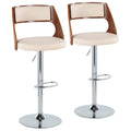 Set of 2 Adjustable Height Barstool with Swivel in Chrome Metal, Walnut Wood, and Cream Faux Leather A506