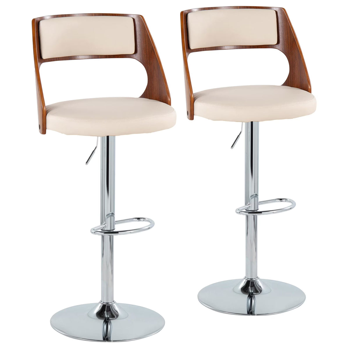 Set of 2 Adjustable Height Barstool with Swivel in Chrome Metal, Walnut Wood, and Cream Faux Leather A506