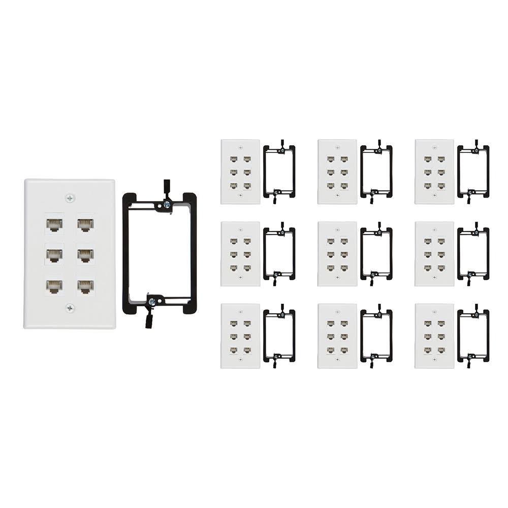6 Port Cat6 Wall Plate, Female-Female, Pack of 10, White L1013