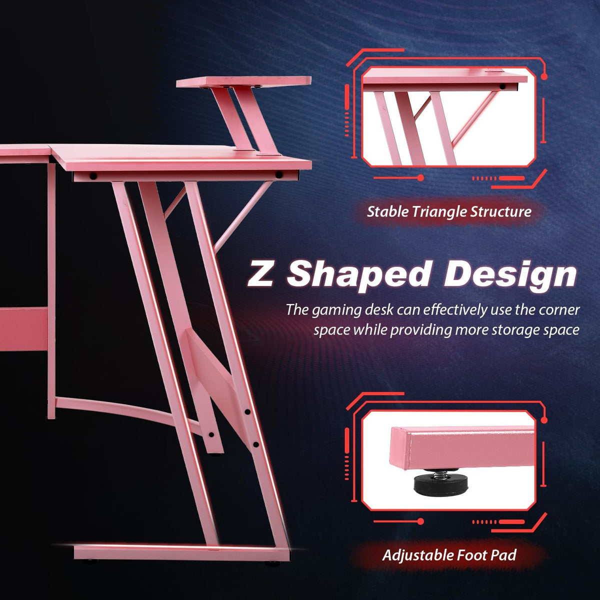 Pink 50.4 Inch L Shaped Corner Computer Desk with Monitor Stand J128
