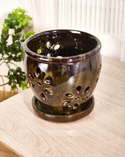 Olive Green 5 Inch Ceramic Orchid Pots with Holes and Saucers B7566