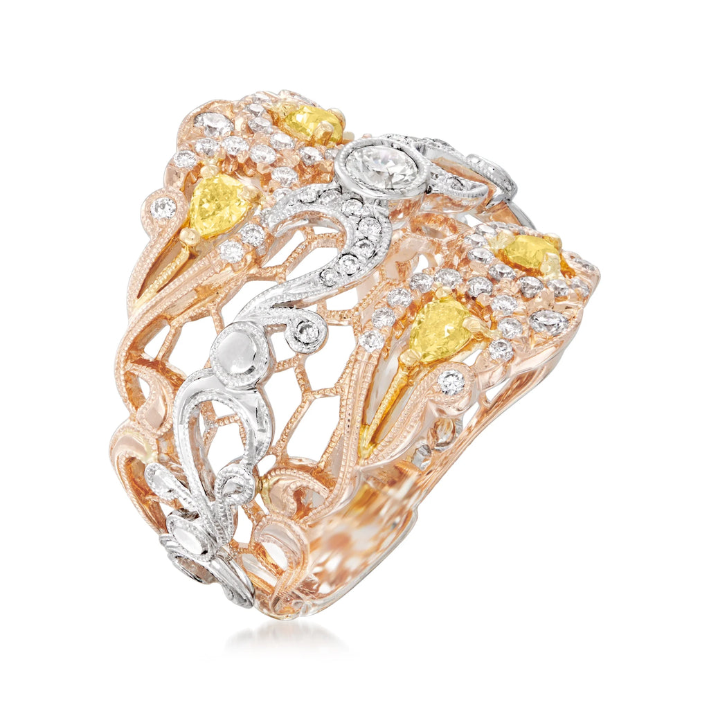 18kt 2-Tone Gold White and Yellow Diamond Honeycomb Ring I504
