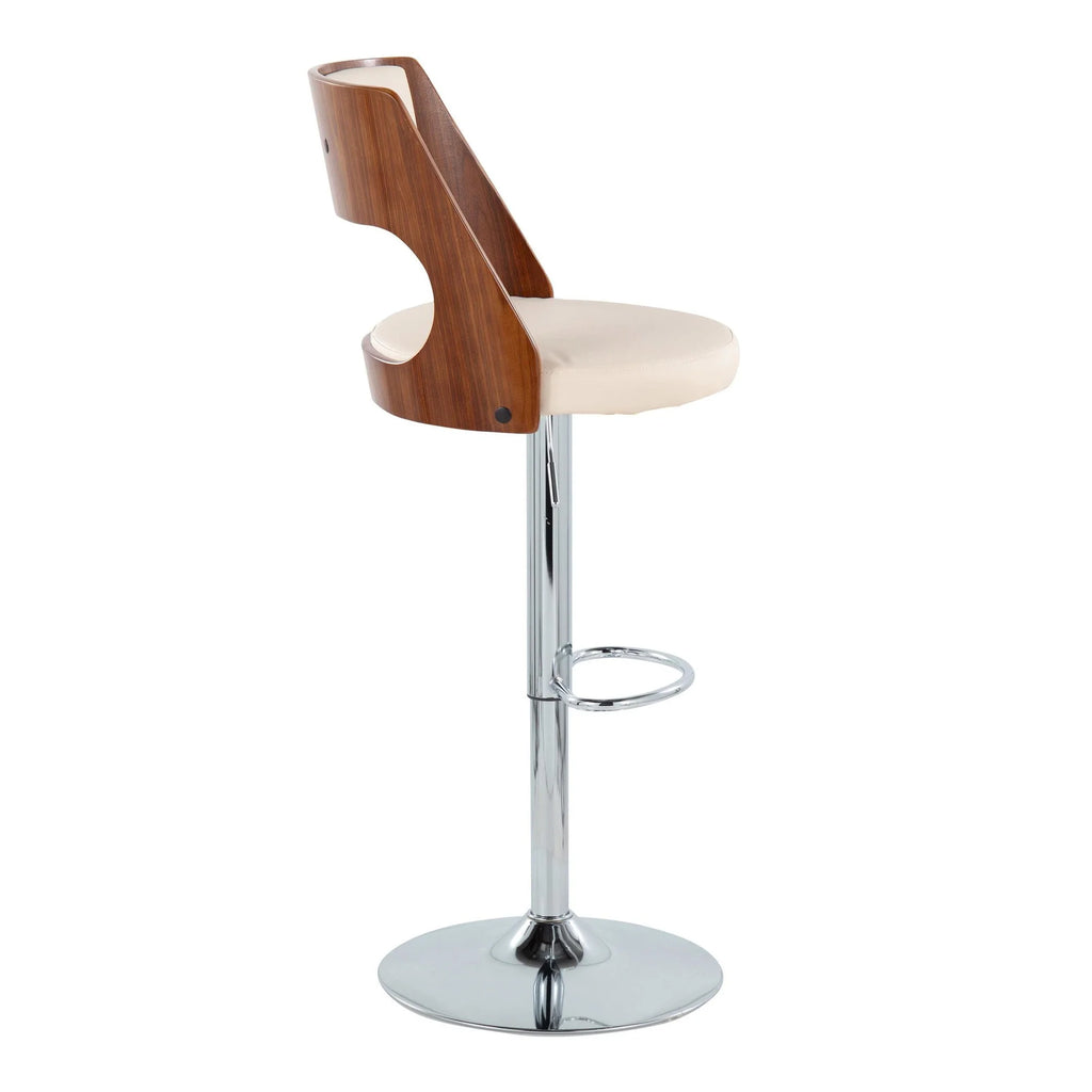 Set of 2 Adjustable Height Barstool with Swivel in Chrome Metal, Walnut Wood, and Cream Faux Leather A506