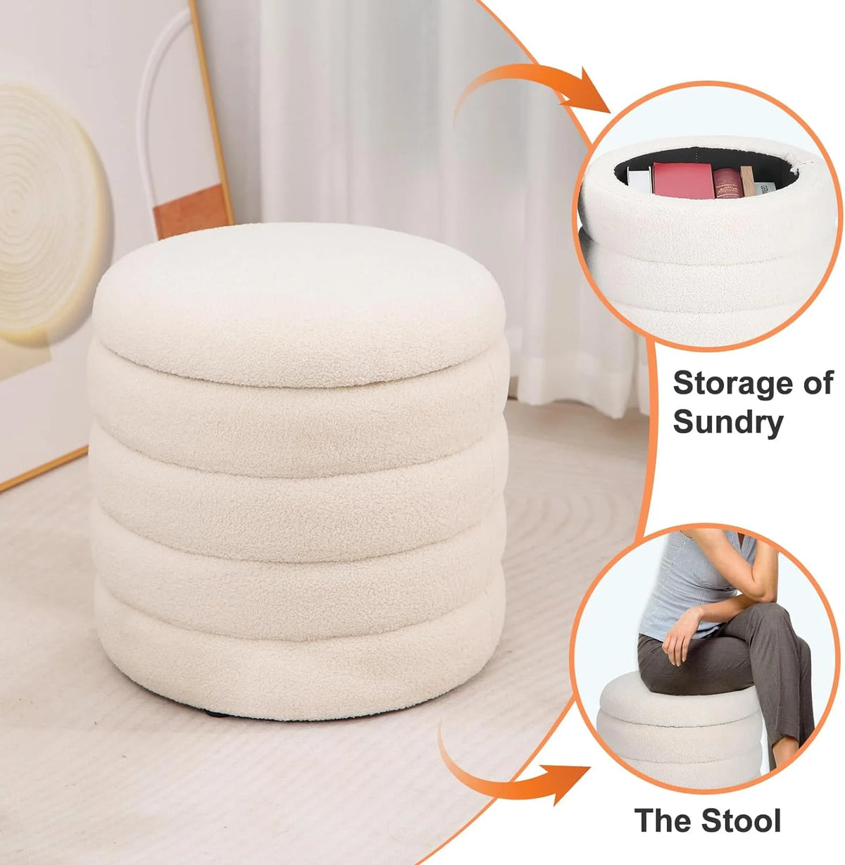 White Velvet Round Ottoman with Storage S44764