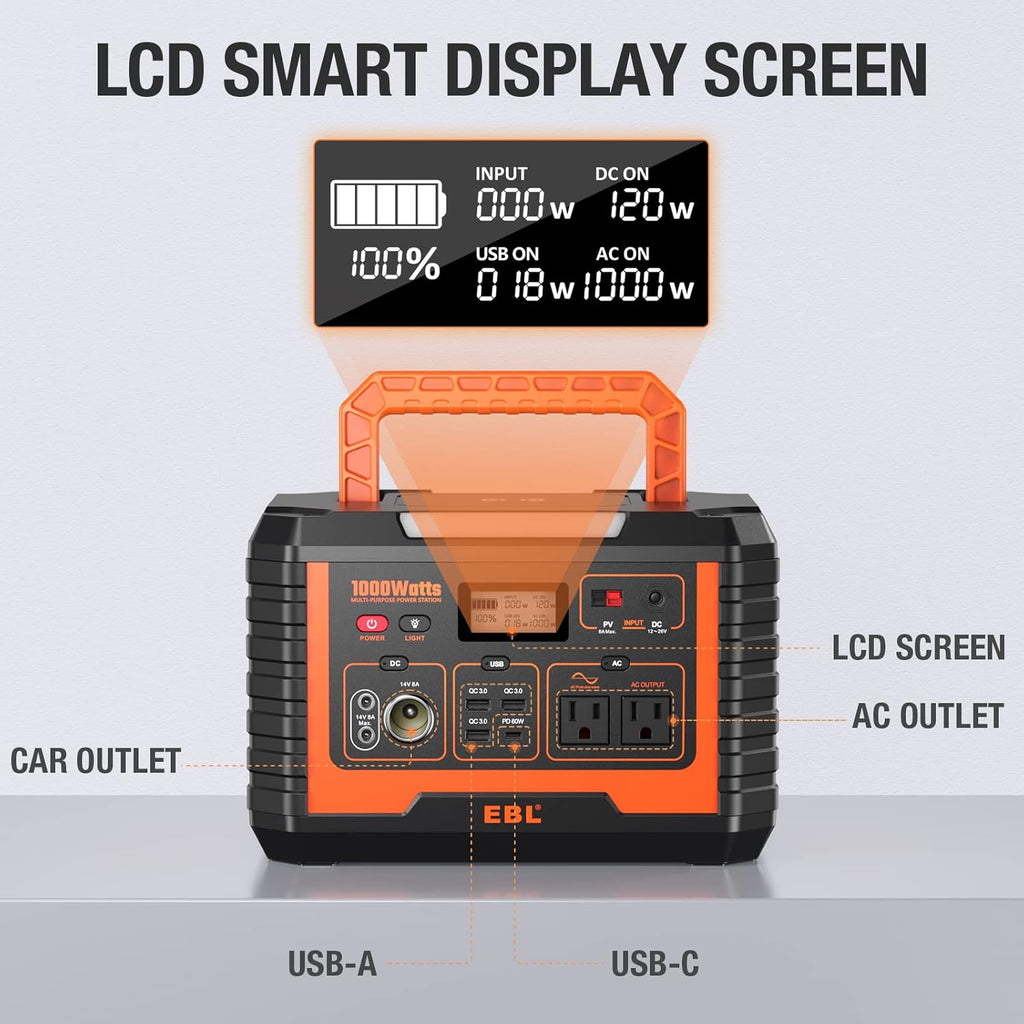 Portable Power Station 1000, 110V/1000W Solar Generator, 999Wh/270000mAh Lithium Battery L37262