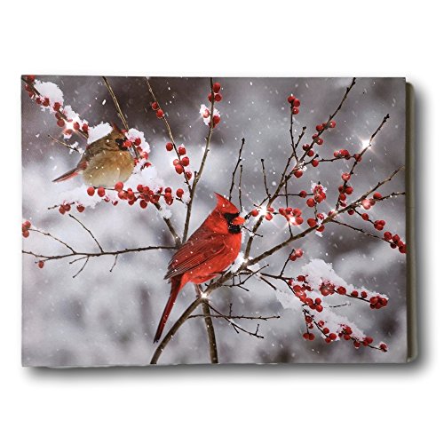 LED Cardinals Canvas Print Lighted Picture with Cardinal Couple and Holiday Berries S299827