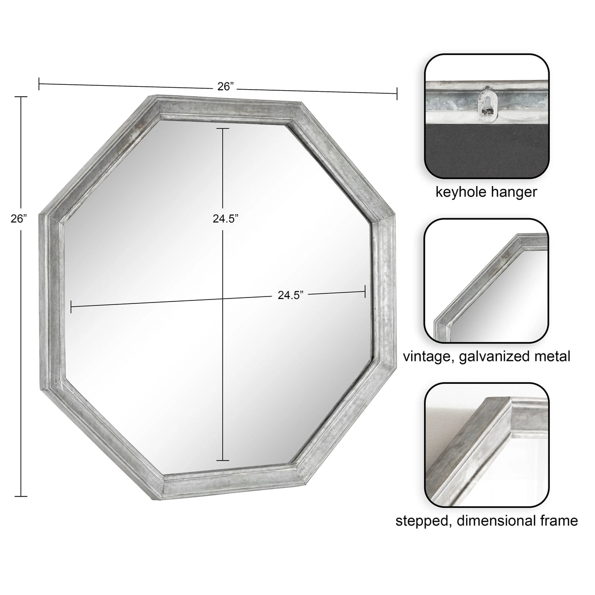 Vintage Galvanized Metal Octagon Wall Mirror, 26 x 26, Silver S675
