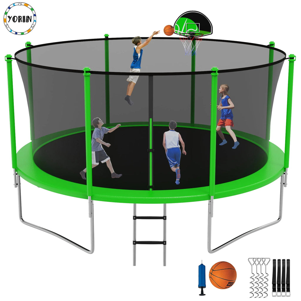 14FT Trampoline with Enclosure and Basketball Hoop P2366