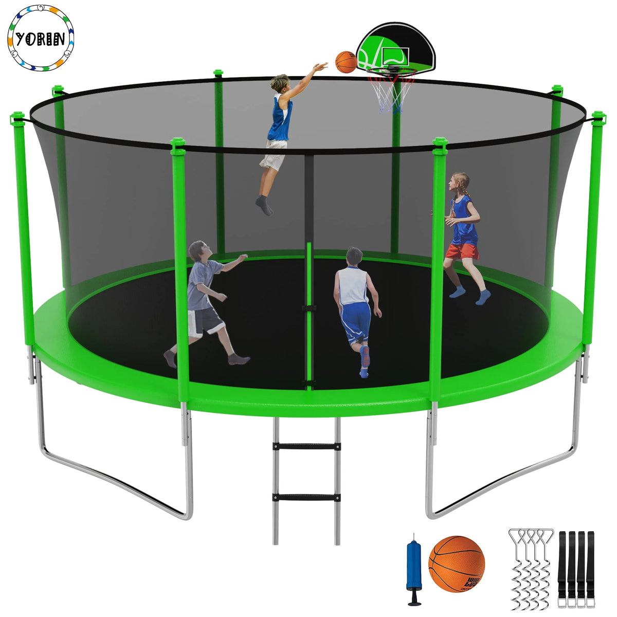 14FT Trampoline with Enclosure and Basketball Hoop P2366