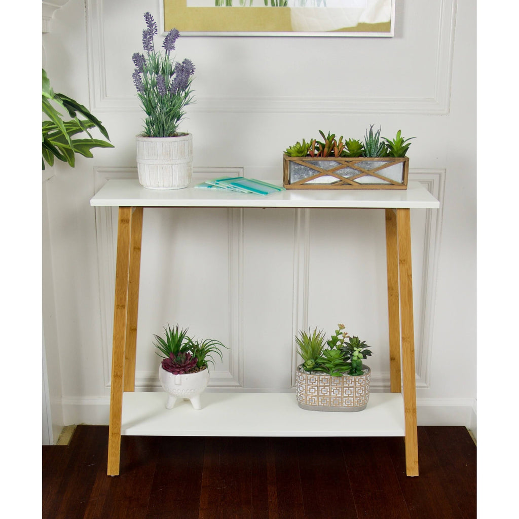White 2-Tier Solid Bamboo Console Table D6354