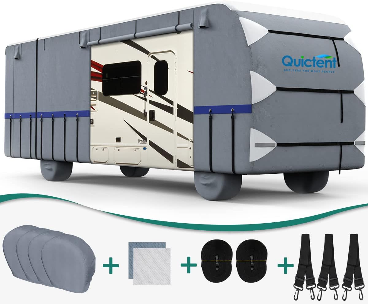 RV Cover, Extra-Thick 6-ply, Fits 40 - 43Ft Motorhome, with 2 Windproof Straps, 4 Tire Covers W946597