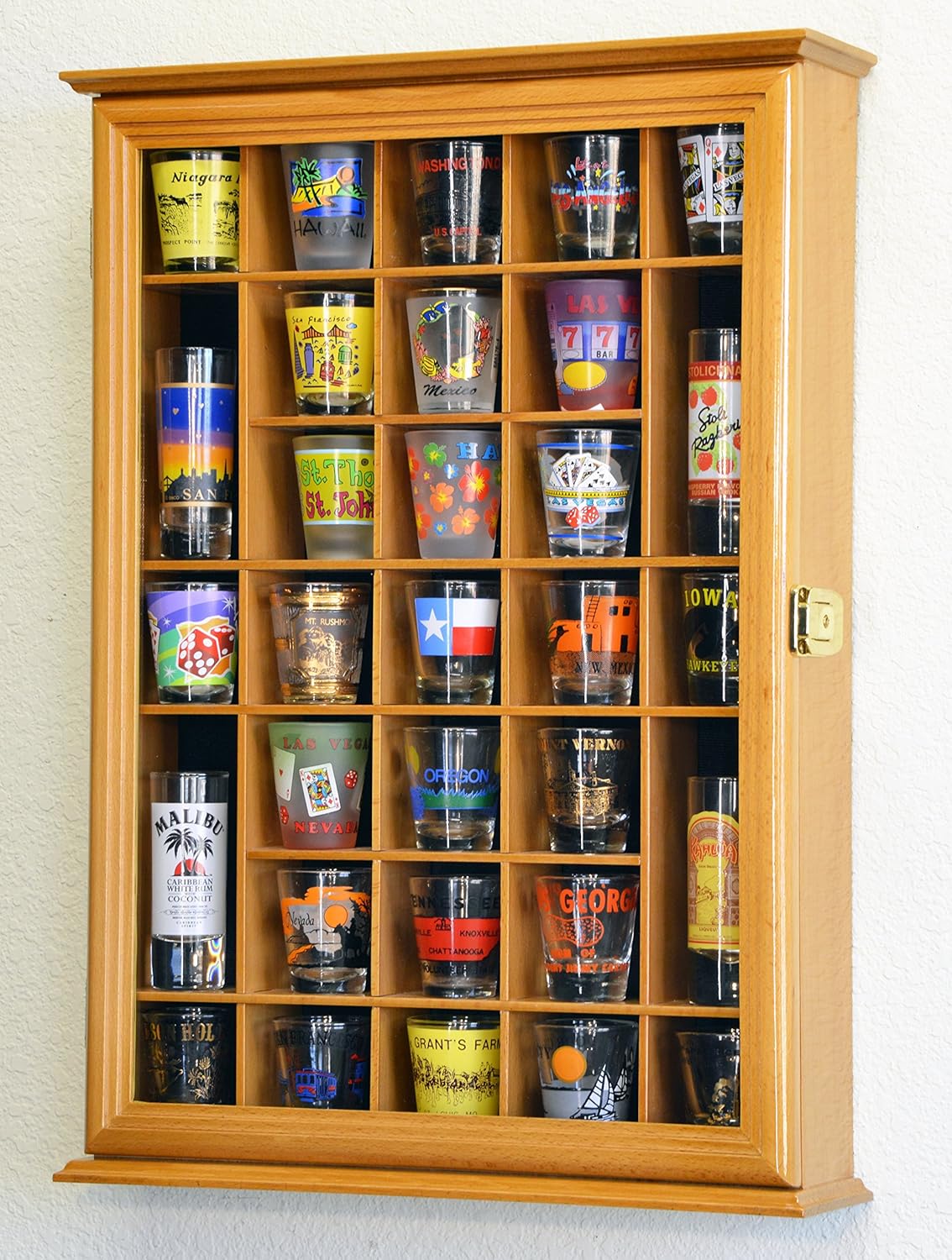 Oak Shot Glass Display Case Wall Rack H308