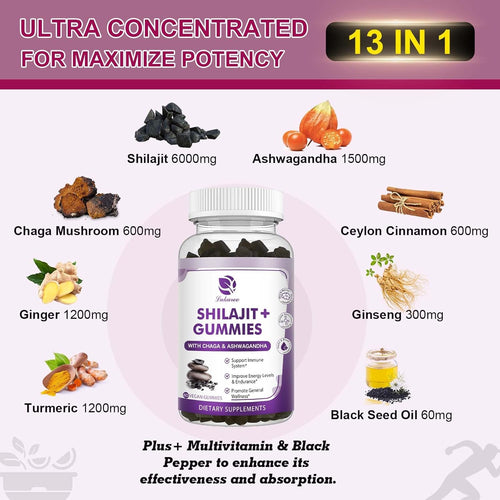 (2 Pack) Shilajit Gummies with Ashwagandha, Black Seed Oil, Vitamin C D3 B12 & Zinc, Sugar Free U338