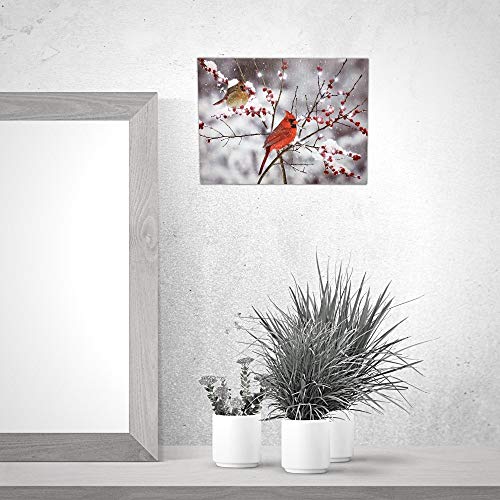 LED Cardinals Canvas Print Lighted Picture with Cardinal Couple and Holiday Berries S299827