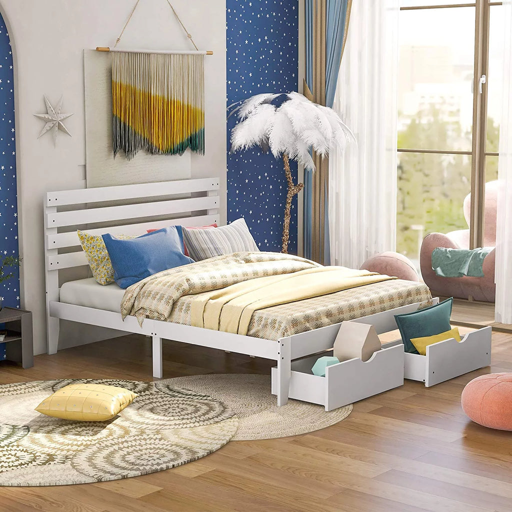 White Twin Wood Platform Bed with Storage Drawer L875591